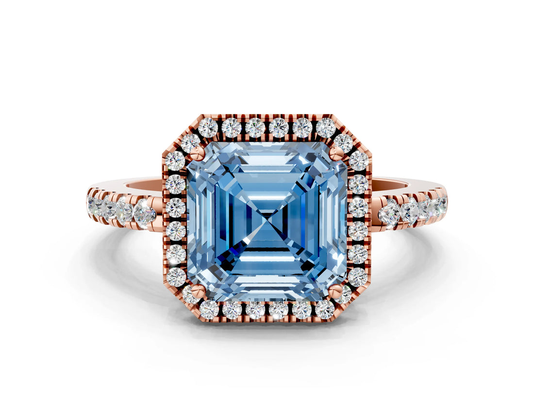 Rose gold Fancy Blue Asscher  Halo Diamond Engagement Ring with Pavé Band and Four-Prong Setting_20
