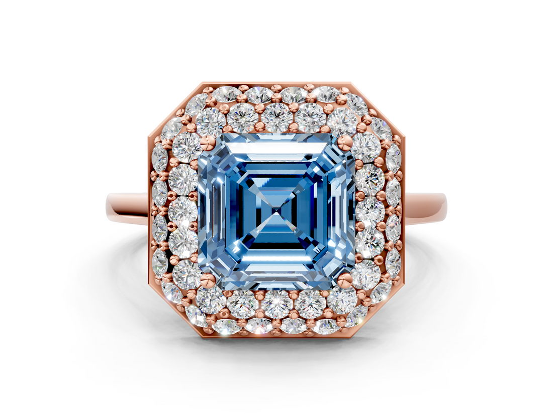 Rose gold Fancy Blue Asscher  Halo Diamond Engagement Ring with Solitaire Band and Four-Prong Setting_17