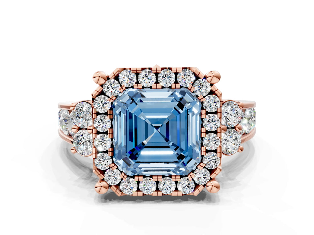 Rose gold Fancy Blue Asscher  Halo Diamond Engagement Ring with Split Shank and Four-Prong Setting
