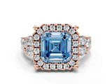 Rose gold Fancy Blue Asscher  Halo Diamond Engagement Ring with Split Shank and Four-Prong Setting