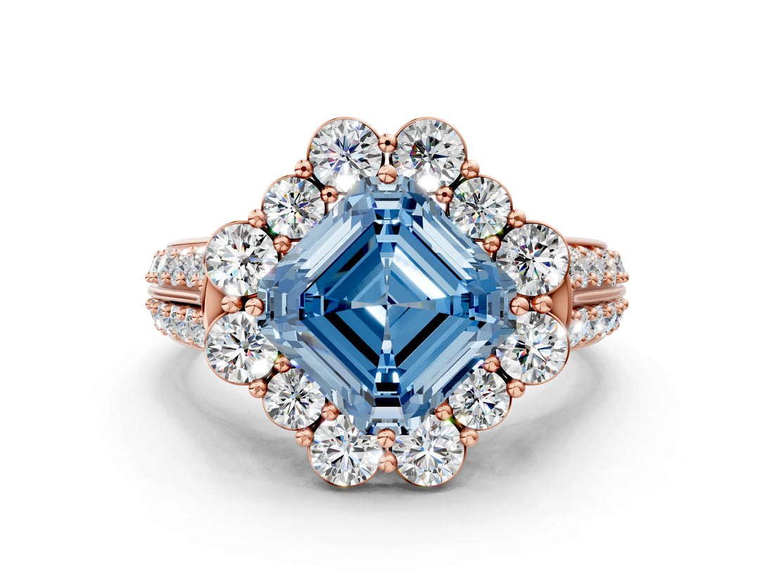 Rose gold Fancy Blue Asscher  Halo Diamond Engagement Ring with Split Shank and Prong Setting_47