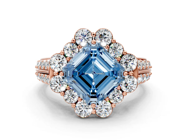Rose gold Fancy Blue Asscher  Halo Diamond Engagement Ring with Split Shank and Prong Setting