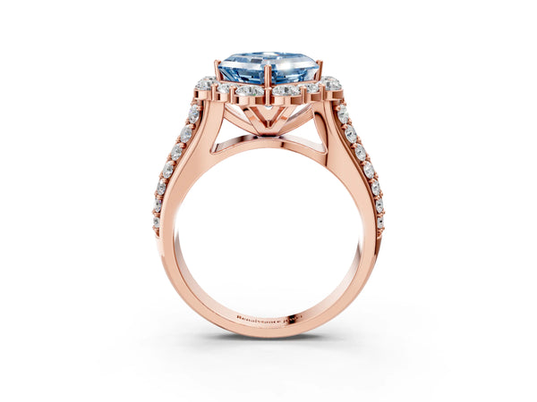 Rose gold Fancy Blue Asscher  Halo Diamond Engagement Ring with Split Shank and Prong Setting