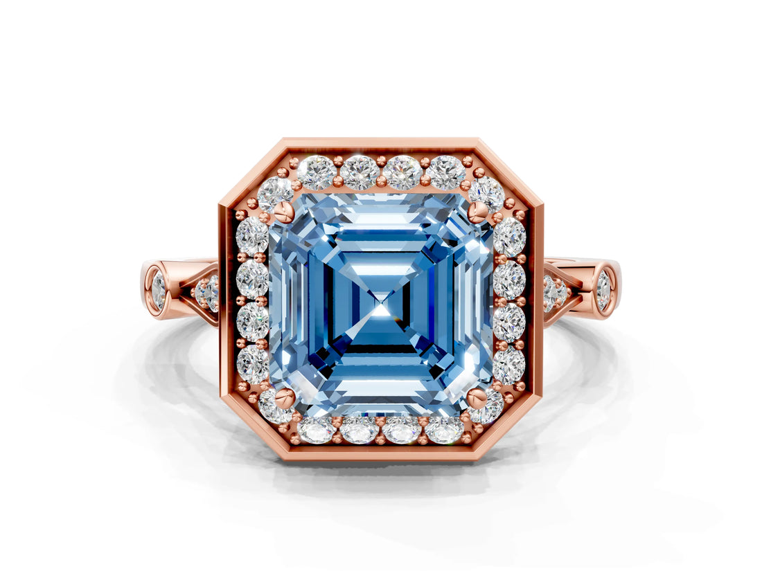 Rose gold Fancy Blue Asscher  Halo Diamond Engagement Ring with Twisted Band and Four-Prong Setting
