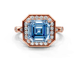 Rose gold Fancy Blue Asscher  Halo Diamond Engagement Ring with Twisted Band and Four-Prong Setting