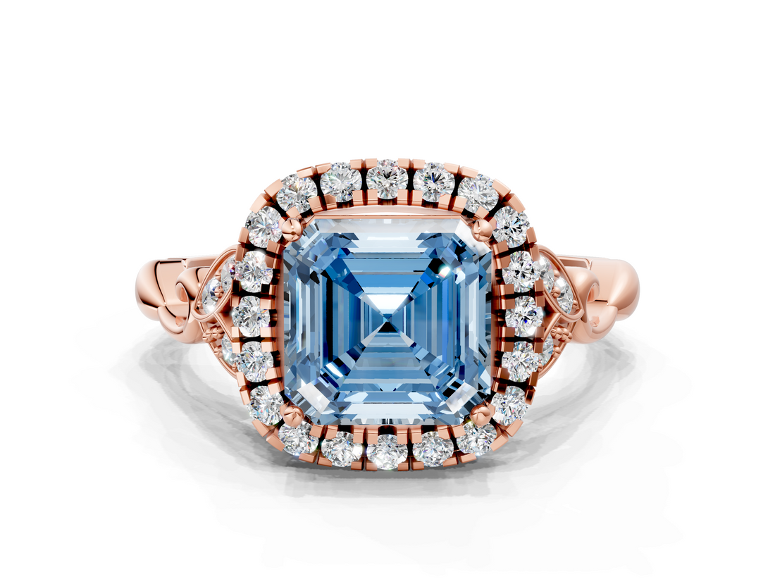 Rose gold Fancy Blue Asscher  Halo Diamond Engagement Ring with Vintage-Inspired Band and Four-Prong Setting_3