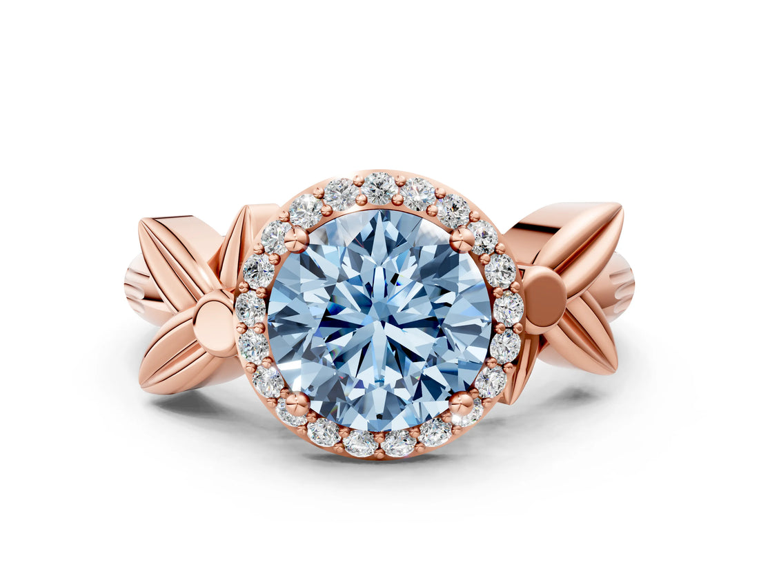 Rose gold Fancy Blue Asscher  Halo Diamond Floral Band with Four-Prong Setting_35