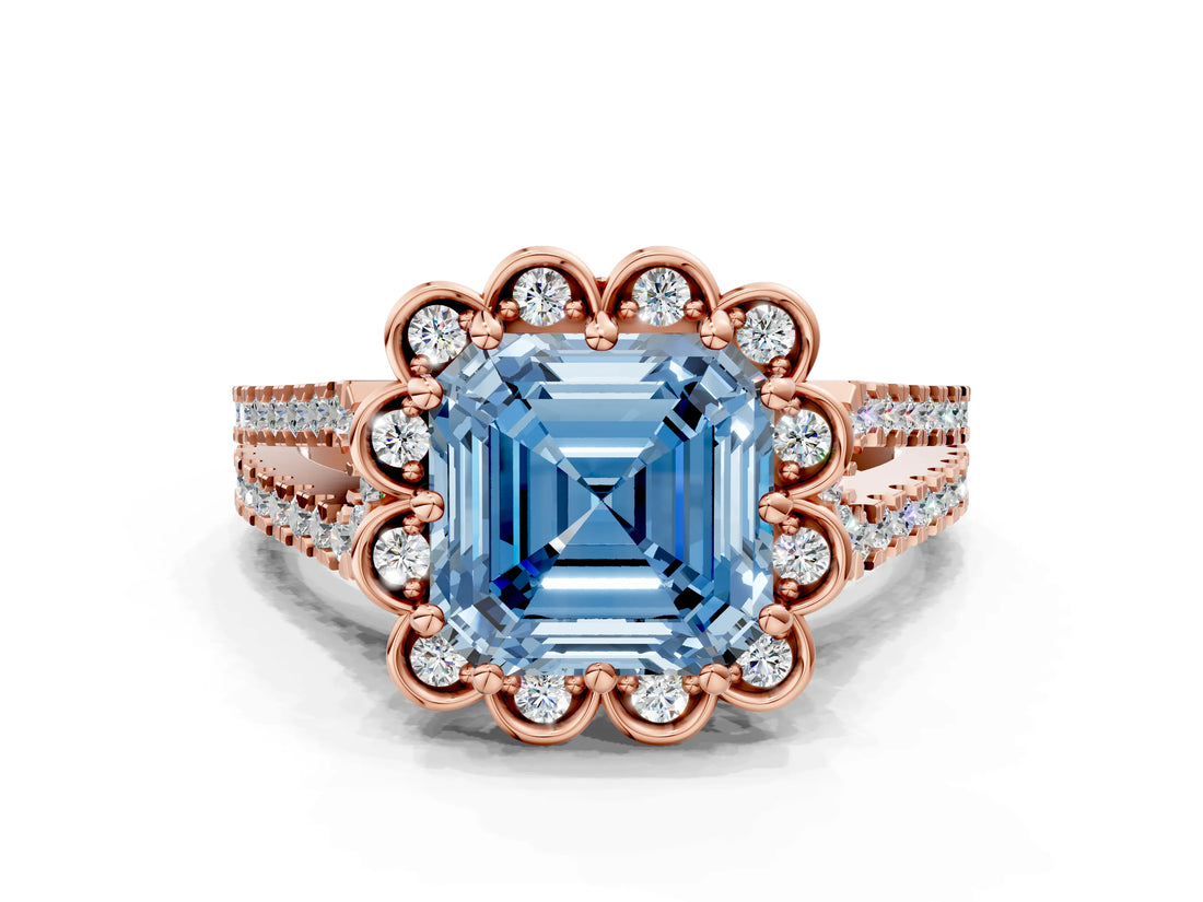 Rose gold Fancy Blue Asscher  Halo Diamond Floral Split Shank Engagement Ring 1