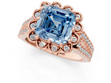 Rose gold Fancy Blue Asscher  Halo Diamond Floral Split Shank Engagement Ring 2