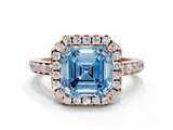 Rose gold Fancy Blue Asscher  Halo Diamond Pavé Band Ring with Prong Setting