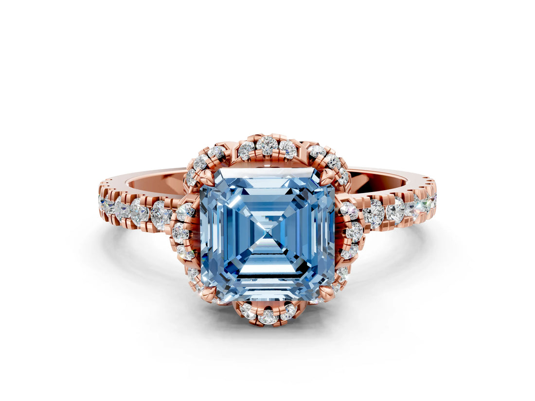 Rose gold Fancy Blue Asscher  Halo Diamond Pave Band Ring with Four-Prong Setting_15