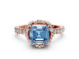 Rose gold Fancy Blue Asscher  Halo Diamond Pave Band Ring with Four-Prong Setting_15