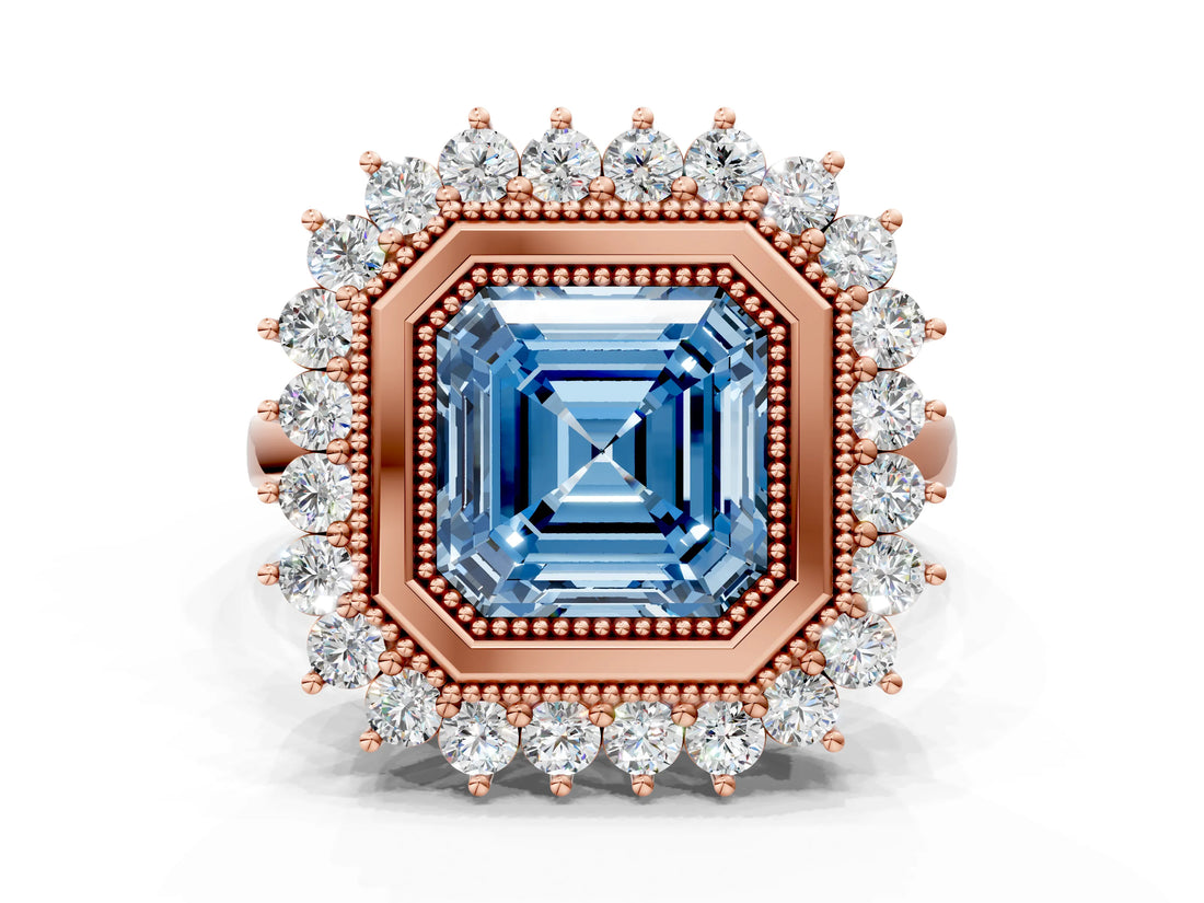 Rose gold Fancy Blue Asscher  Halo Diamond Ring with Milgrain Edge and Round Prong Setting_77