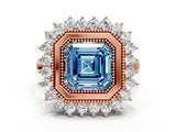 Rose gold Fancy Blue Asscher  Halo Diamond Ring with Milgrain Edge and Round Prong Setting_77