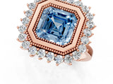 Rose gold Fancy Blue Asscher  Halo Diamond Ring with Milgrain Edge and Round Prong Setting_78
