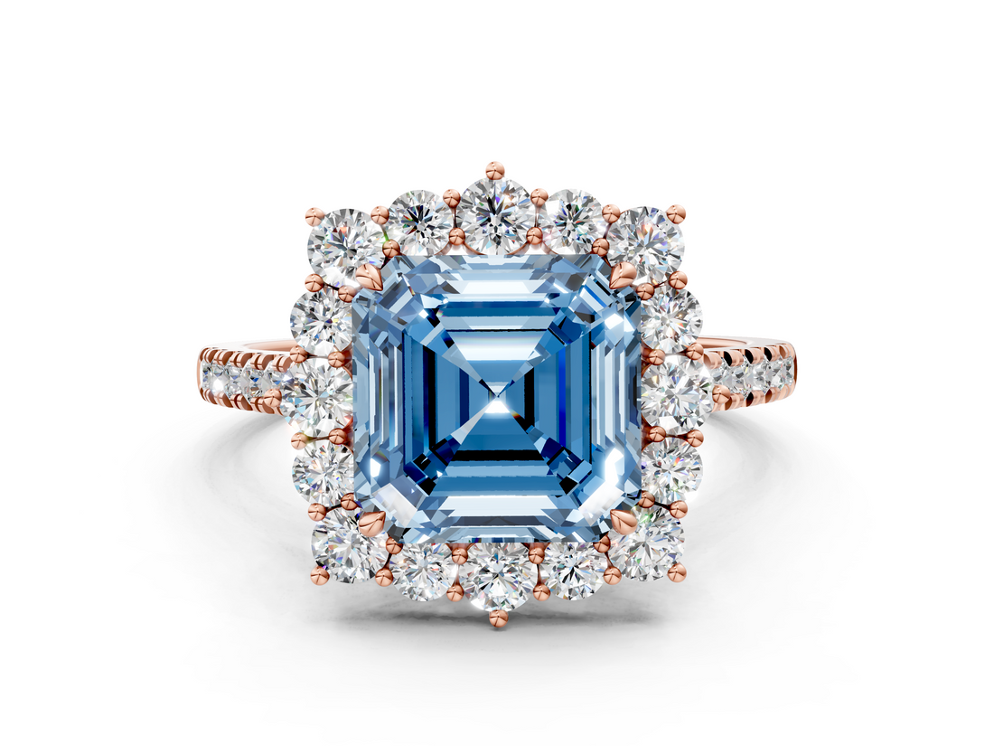 Rose gold Fancy Blue Asscher  Halo Diamond Ring with Pavé Band and Prong Setting_17