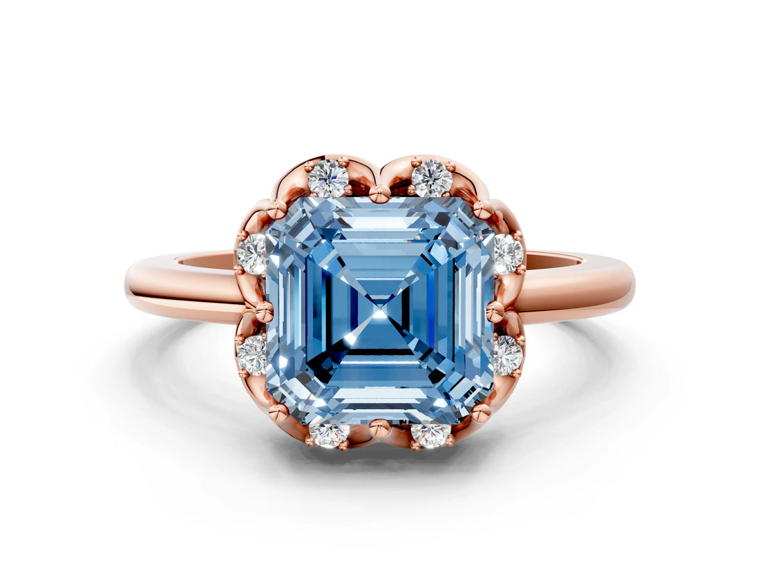 Rose gold Fancy Blue Asscher  Halo Diamond Ring with Round Cluster Setting, Solitaire Band, and Four-Prong Setting_29