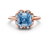 Rose gold Fancy Blue Asscher  Halo Diamond Ring with Round Cluster Setting, Solitaire Band, and Four-Prong Setting_29