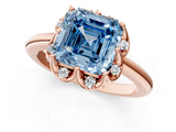 Rose gold Fancy Blue Asscher  Halo Diamond Ring with Round Cluster Setting, Solitaire Band, and Four-Prong Setting_30