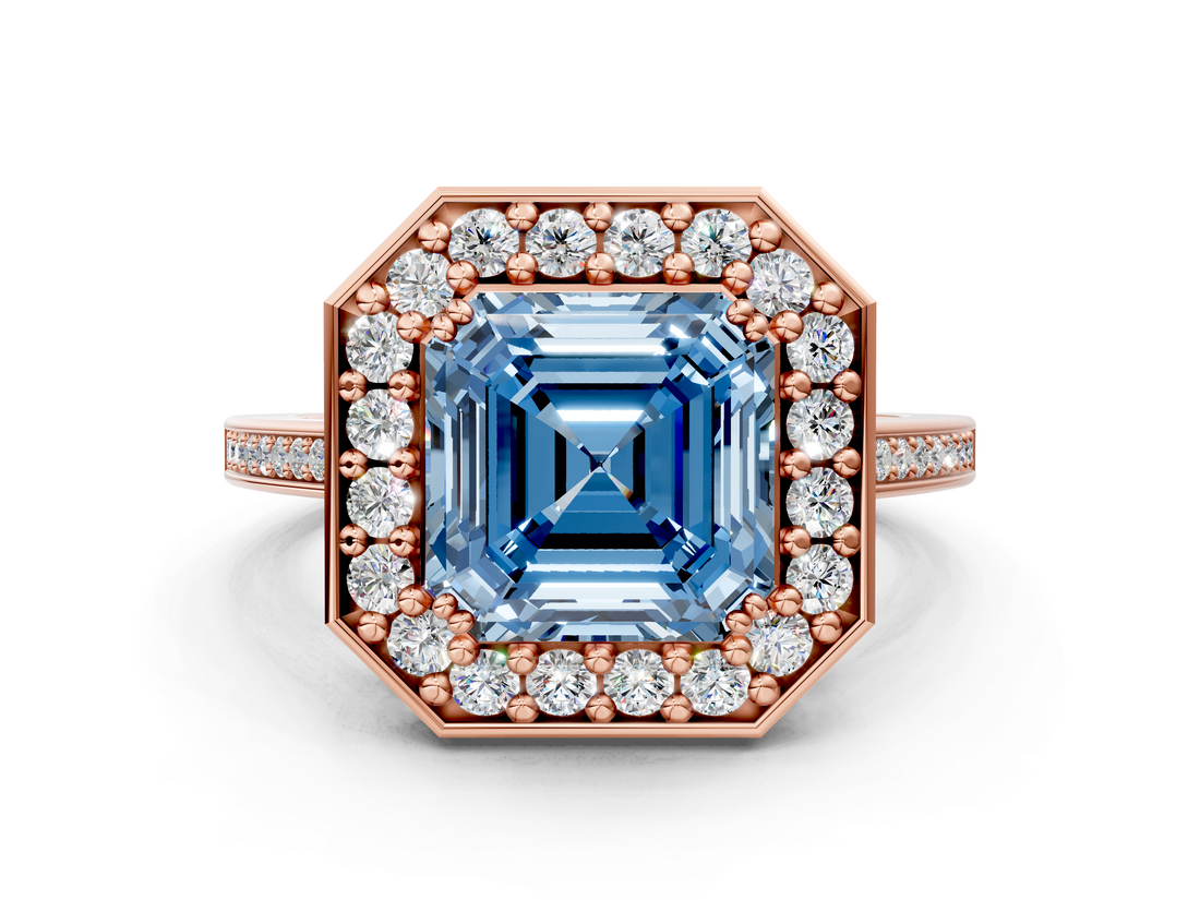 Rose gold Fancy Blue Asscher  Halo Diamond Ring with Split Shank and Four-Prong Setting