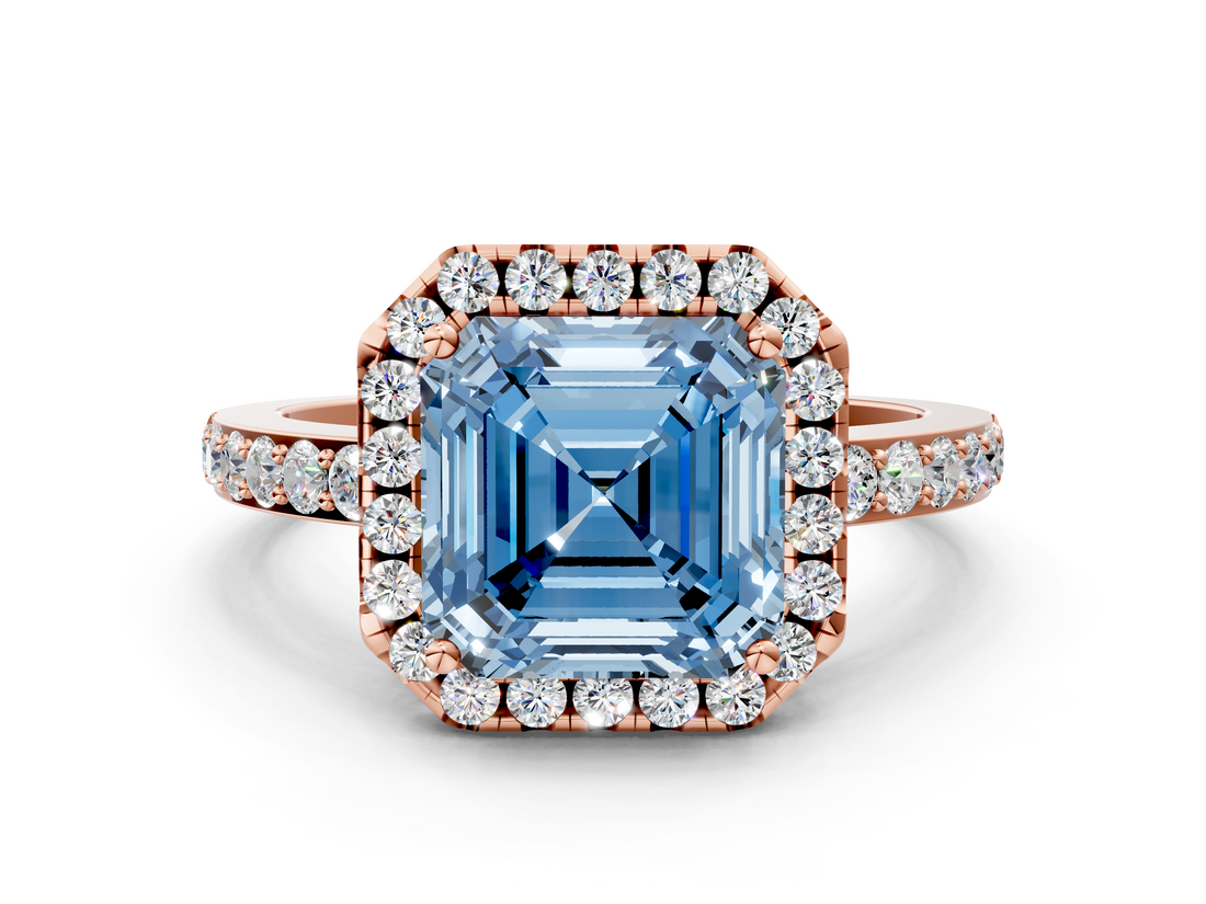 Rose gold Fancy Blue Asscher  Halo Diamond Solitaire with Pavé Band and Four-Prong Setting_17
