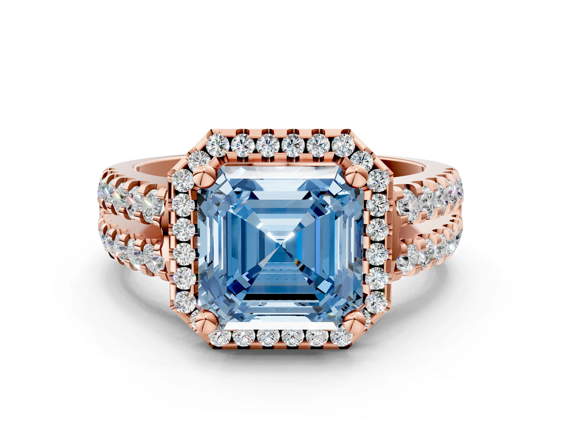 Rose gold Fancy Blue Asscher  Halo Diamond Split Shank Engagement Ring with Prong Setting_75