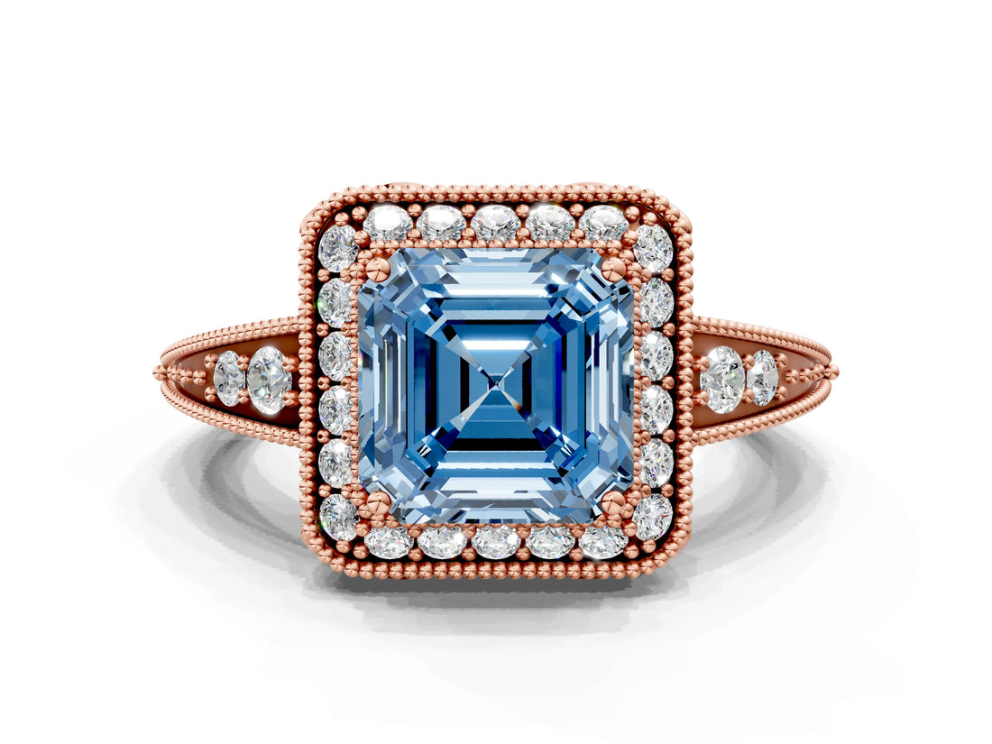 Rose gold Fancy Blue Asscher  Halo Diamond Split Shank Ring with Milgrain Detail_29