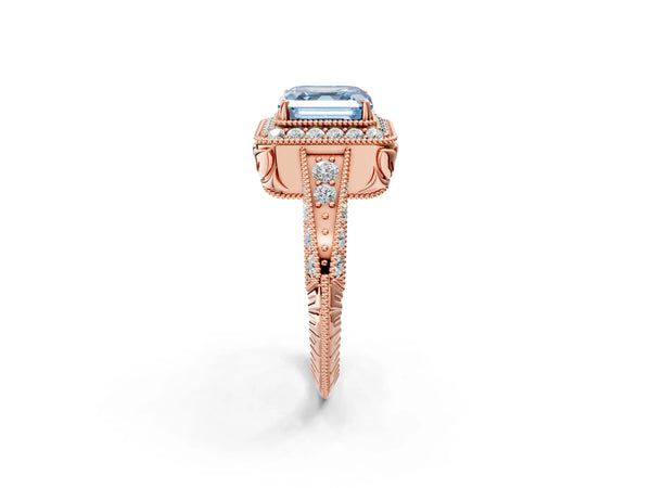 Rose gold Fancy Blue Asscher  Halo Diamond Split Shank Ring with Milgrain Detail