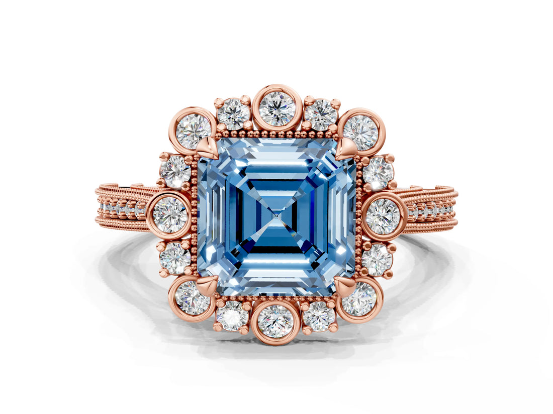 Rose gold Fancy Blue Asscher  Halo Milgrain Pave Diamond Ring with Four-Prong Setting 1