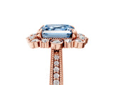 Rose gold Fancy Blue Asscher  Halo Milgrain Pave Diamond Ring with Four-Prong Setting