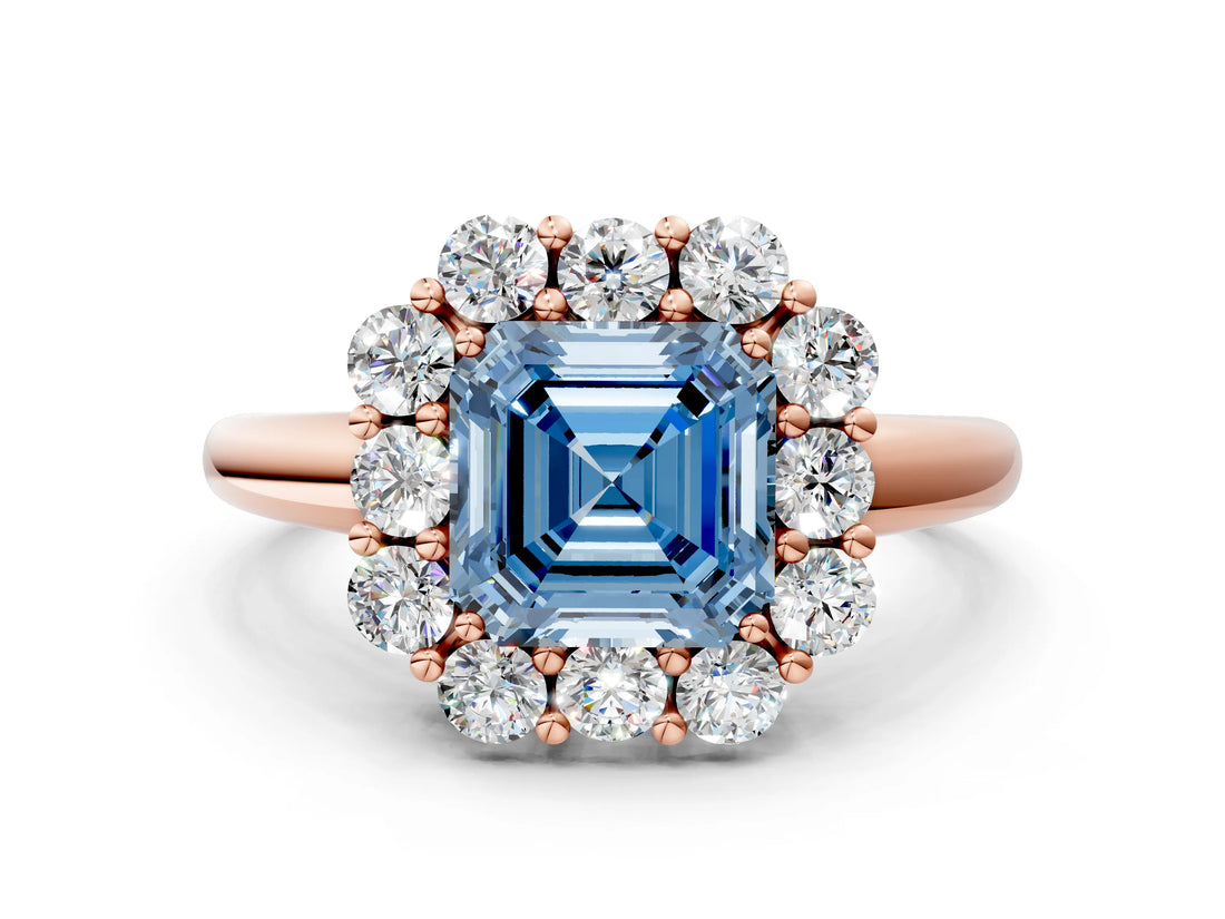 Rose gold Fancy Blue Asscher  Halo Milgrain Solitaire with Bezel Set Side Stones and Pave Band_32