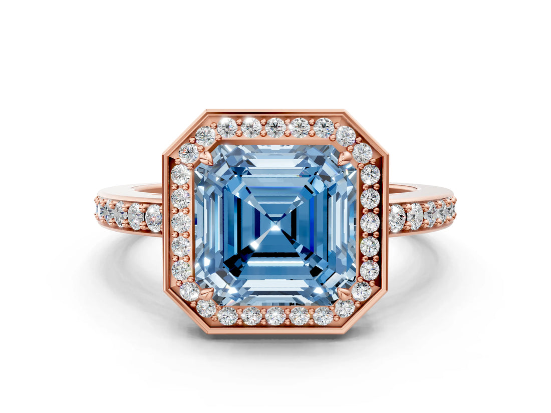 Rose gold Fancy Blue Asscher  Halo Pave Band Solitaire Ring with Prong Setting_46