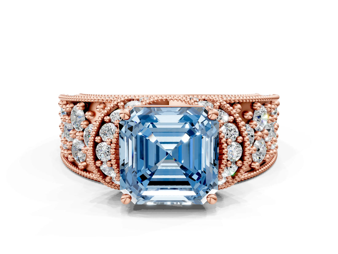 Rose gold Fancy Blue Asscher  Halo Pave Diamond Engagement Ring with Milgrain Detailing_47