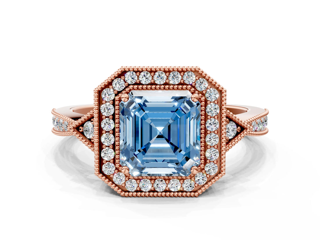 Rose gold Fancy Blue Asscher  Halo Round Diamond Milgrain Pave Engagement Ring_3