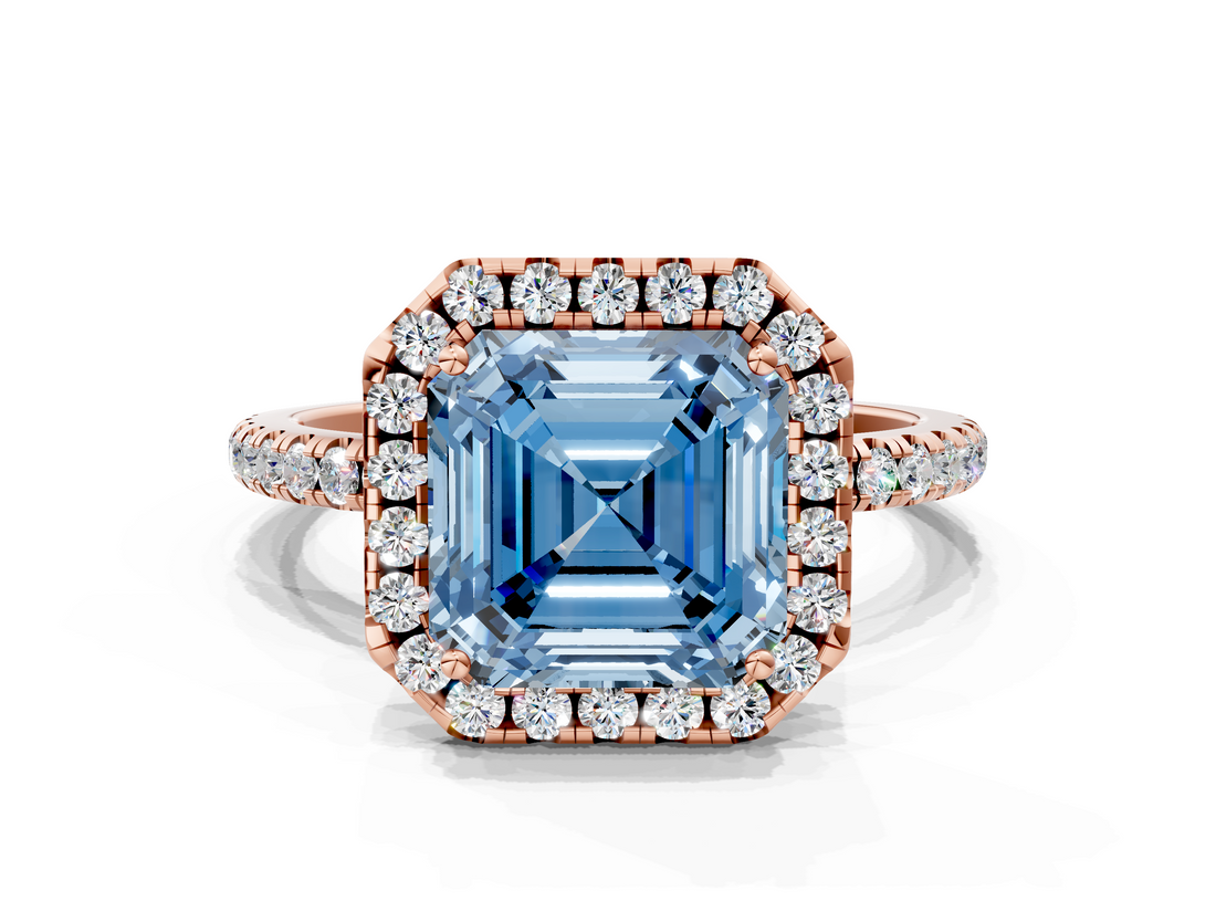 Rose gold Fancy Blue Asscher  Halo Round Diamond Pavé Band Four-Prong Ring_3