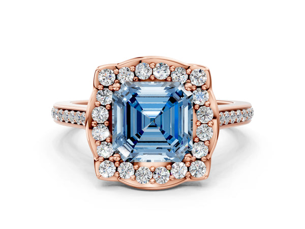 Rose Gold Asscher Cut Petal-Tip Halo Pave Engagement Ring Setting for Fancy Blue Center