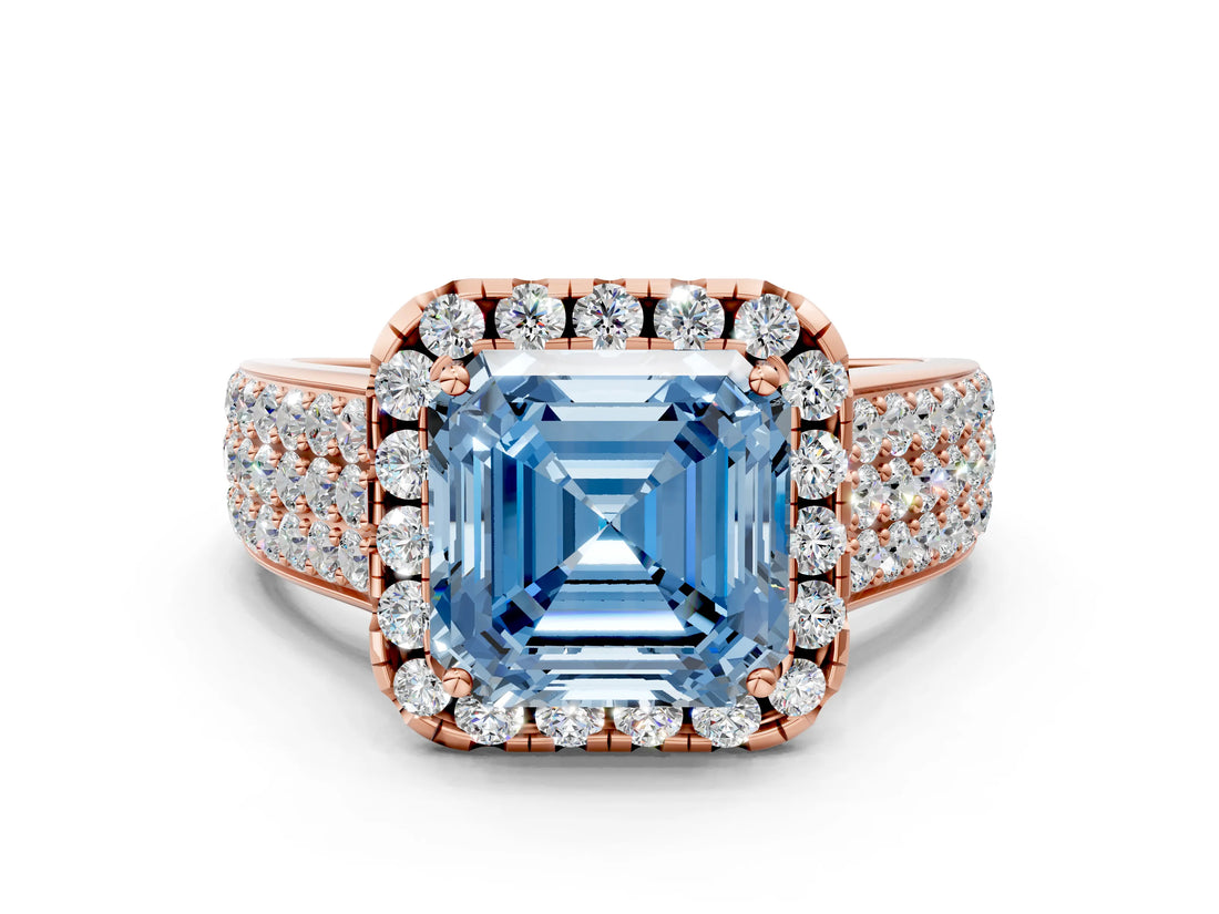 Rose gold Fancy Blue Asscher  Halo Round Diamond Pave Band with Prong Setting