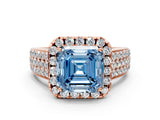 Rose gold Fancy Blue Asscher  Halo Round Diamond Pave Band with Prong Setting