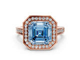 Rose gold Fancy Blue Asscher  Halo Solitaire Diamond Ring with Pave Band and Bezel Setting_46
