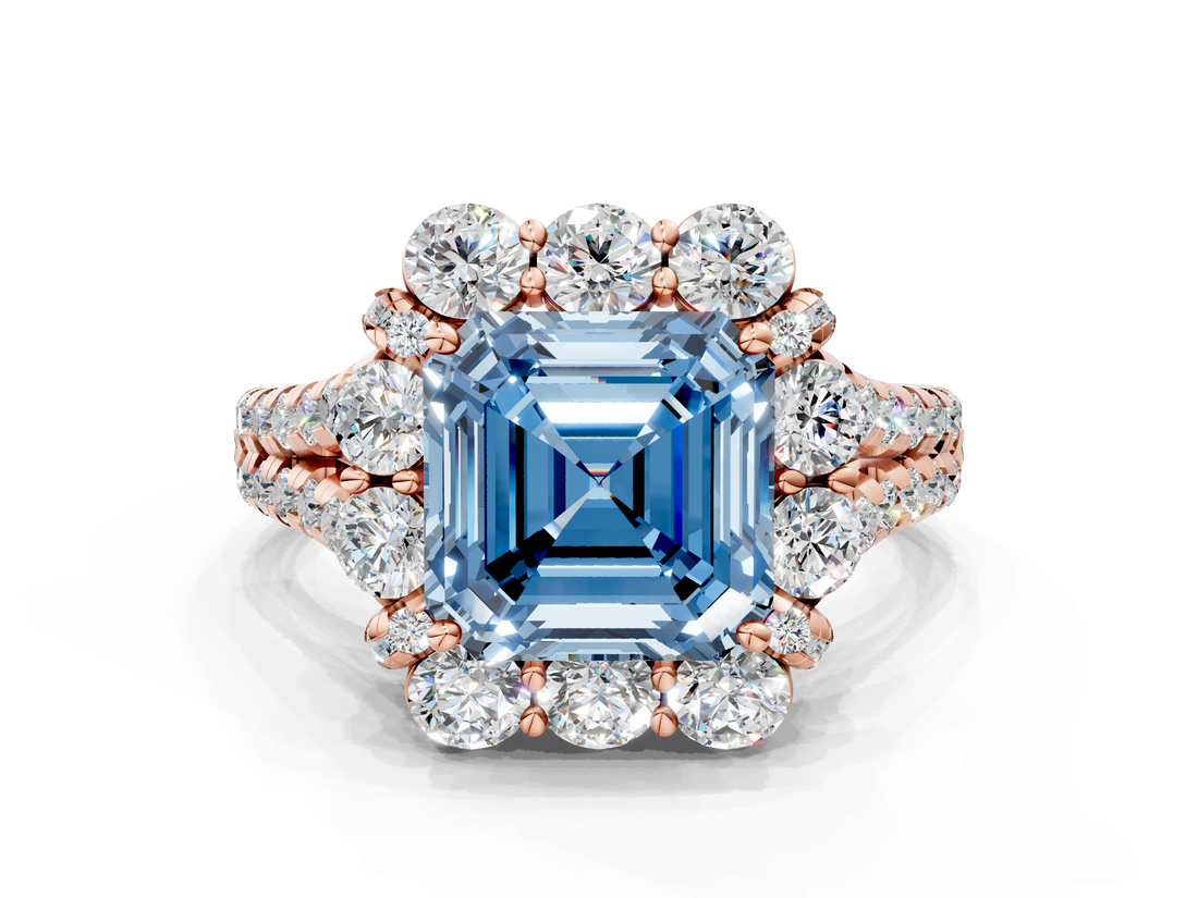 Rose gold Fancy Blue Asscher  Halo Split Shank Diamond Engagement Ring with Pave Band and Four-Prong Setting_17