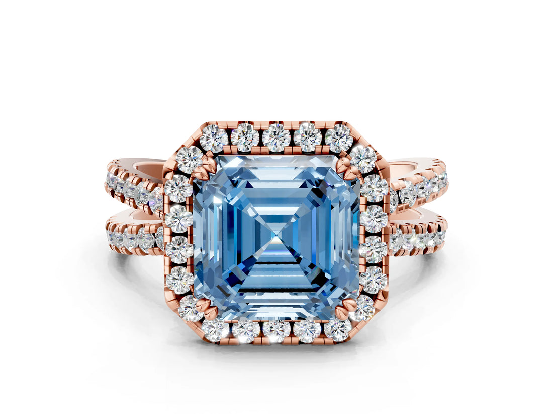 Rose gold Fancy Blue Asscher  Halo Split Shank Diamond Ring with Pavé Setting_105