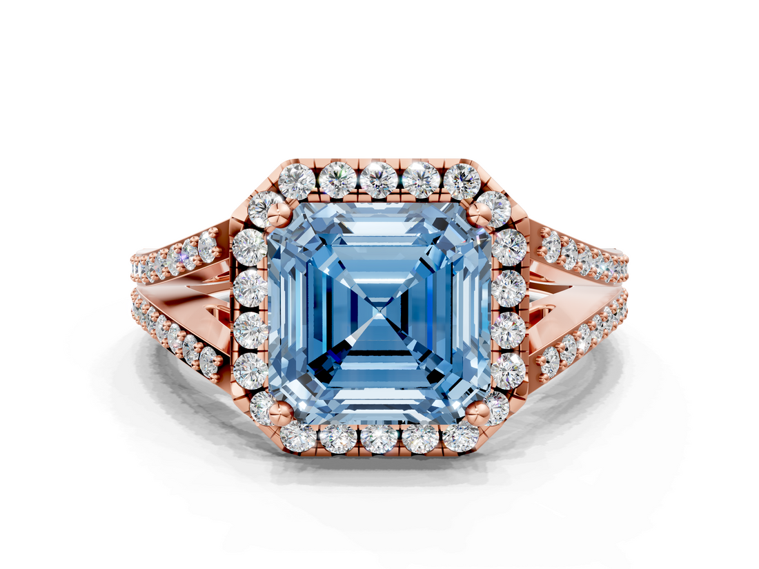 Rose gold Fancy Blue Asscher  Halo Split Shank Diamond Ring with Prong Setting
