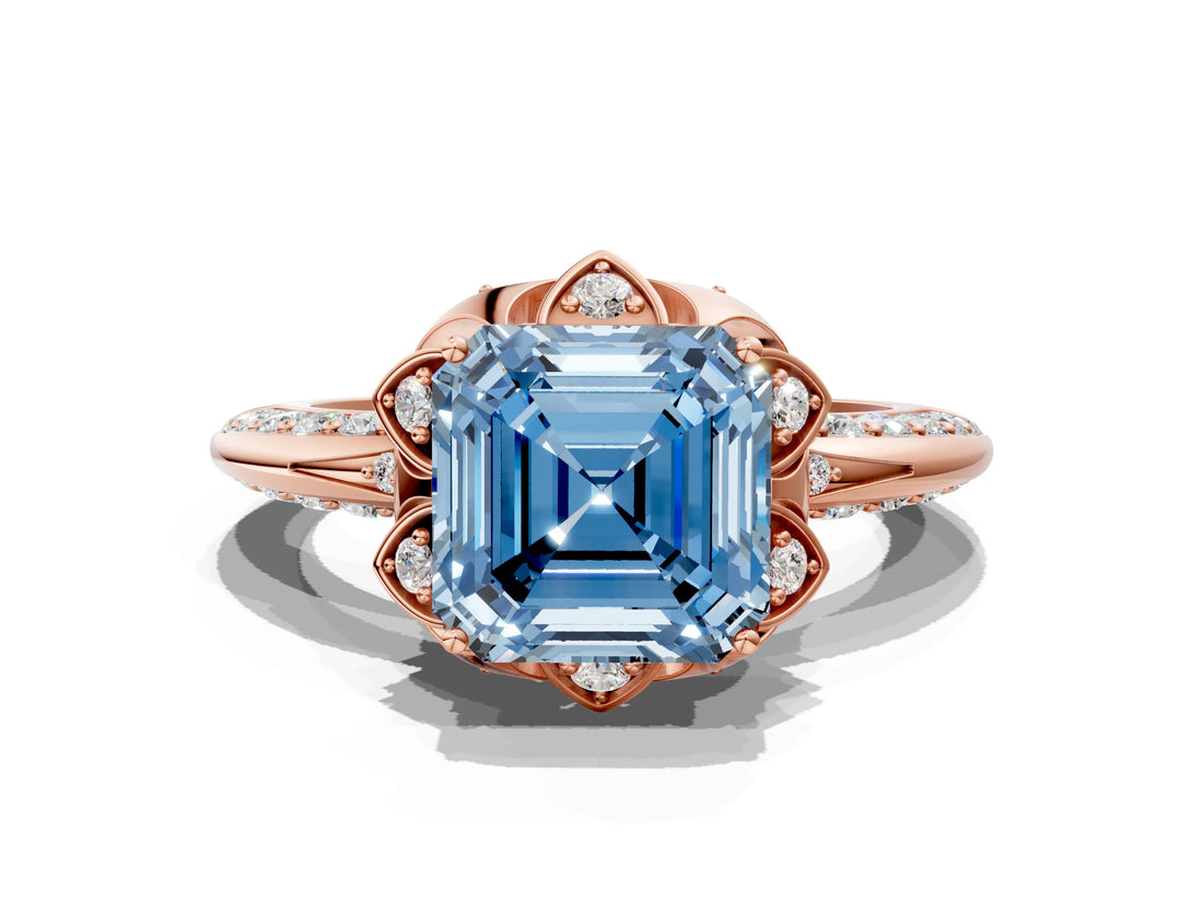 Rose gold Fancy Blue Asscher  Halo Split Shank Pave Diamond Ring with Petal Prong Setting_20