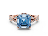 Rose gold Fancy Blue Asscher  Halo Twist Band Solitaire Prong Setting Ring