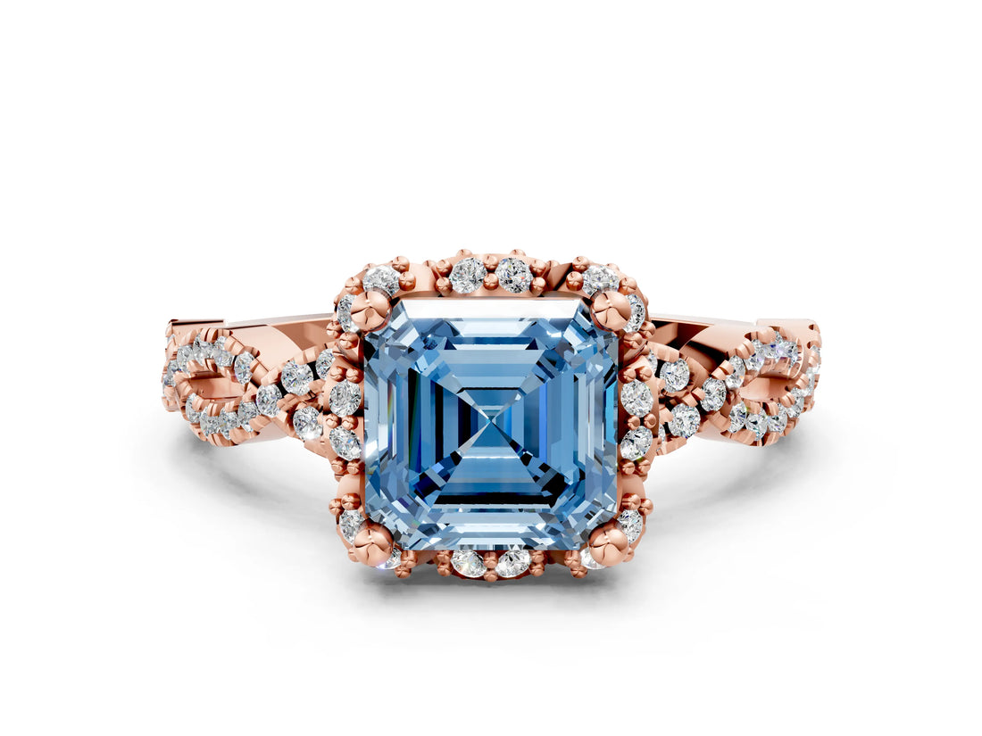 Rose gold Fancy Blue Asscher  Halo Twist Band Solitaire Ring with Six-Prong Setting_32
