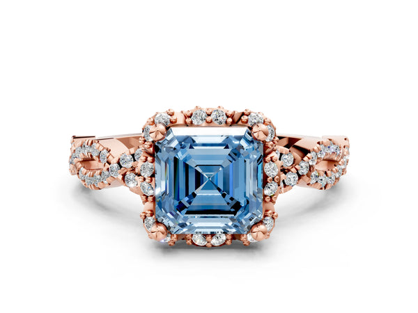 Rose gold Fancy Blue Asscher  Halo Twist Band Solitaire Ring with Six-Prong Setting