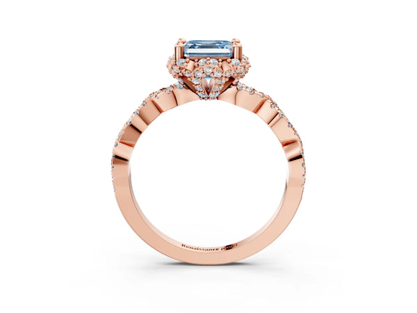 Rose gold Fancy Blue Asscher  Halo Twist Band Solitaire Ring with Six-Prong Setting