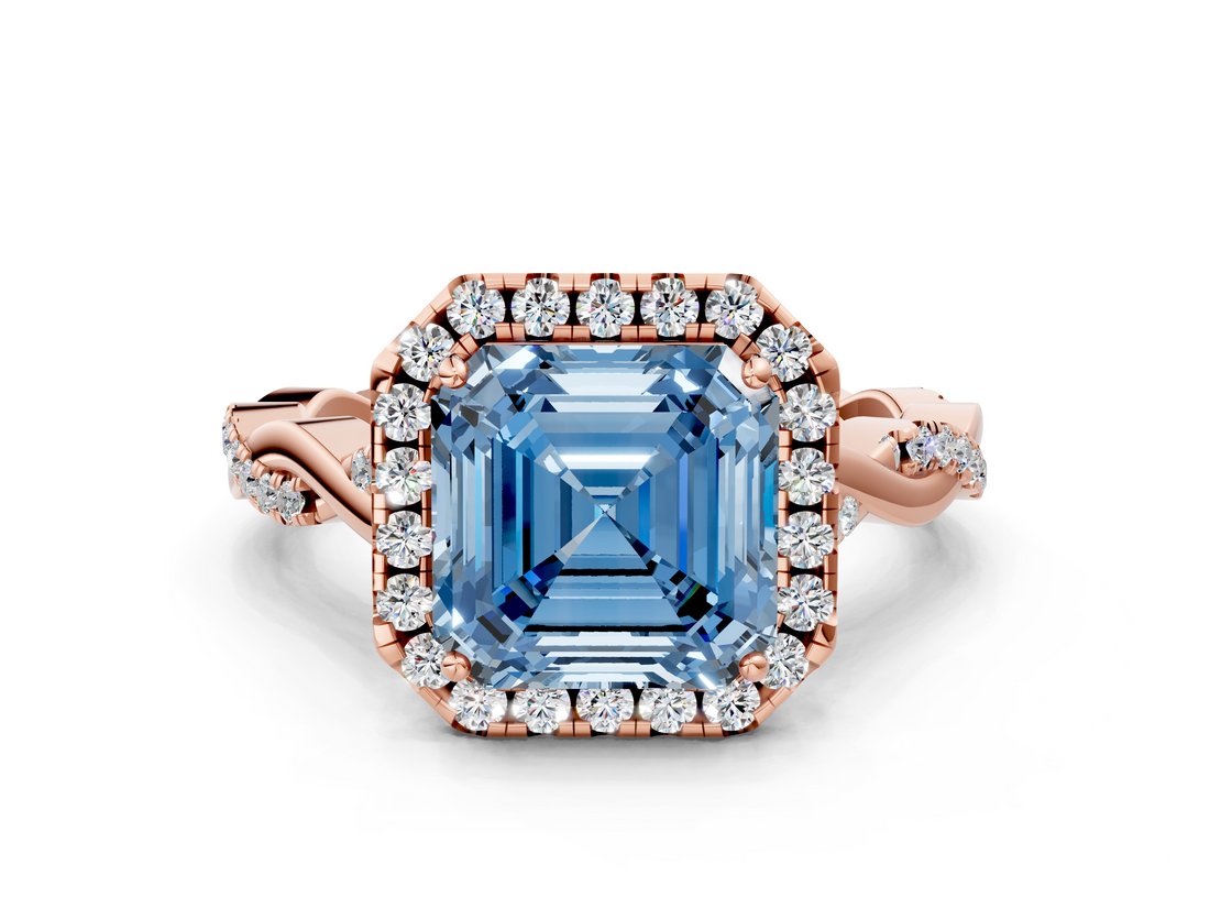 Rose gold Fancy Blue Asscher  Halo Twist Band Solitaire Ring