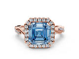 Rose gold Fancy Blue Asscher  Halo Twist Band Solitaire Ring