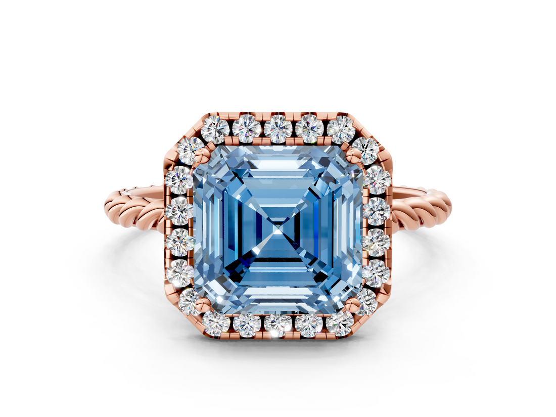 Rose gold Fancy Blue Asscher  Halo Twisted Band Four-Prong Diamond Ring